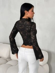 SHEIN PETITE 女款春夏度假風純色針織蕾絲長袖上衣 - 黑色 - 查看 2