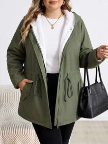 SHEIN CURVE+ Plus Size Zipper Drawstring Long Sleeve Hooded Fleece Jacket Winter - Army Green - View 10