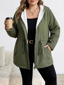 SHEIN CURVE+ Plus Size Zipper Drawstring Long Sleeve Hooded Fleece Jacket Winter - Army Green - View 6