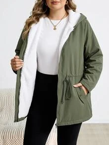 SHEIN CURVE+ Plus Size Zipper Drawstring Long Sleeve Hooded Fleece Jacket Winter - Army Green - View 8