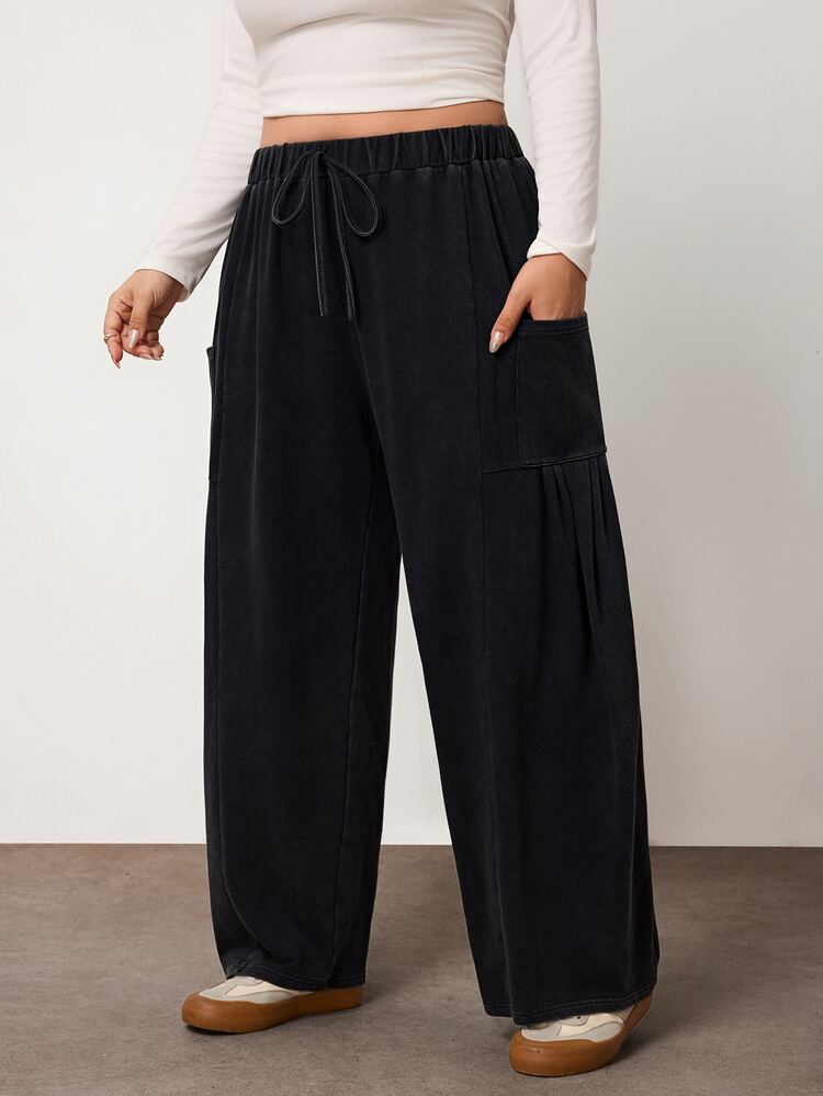 Enliva Plus-Size Loose-Fitting Drawstring Casual Trousers (Autumn Style)Apple,Rounded Body - Grey - View 1