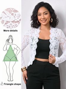 Truni Plus-Size Elegant White Lace Long-Sleeved Shawl Coat, Suitable For Commuting Pear Body,Triangle Body - White - View 1