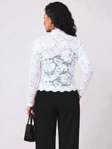 Truni Plus-Size Elegant White Lace Long-Sleeved Shawl Coat, Suitable For Commuting Pear Body,Triangle Body - White - View 2