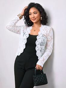 Truni Plus-Size Elegant White Lace Long-Sleeved Shawl Coat, Suitable For Commuting Pear Body,Triangle Body - White - View 3