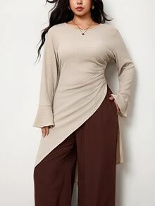 Truni Plus-Size Women's Elegant Loose-Fitting Flared Long-Sleeved ShirtPear Body,Triangle Body Fall - Apricot - View 4