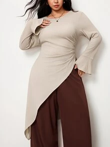 Truni Plus-Size Women's Elegant Loose-Fitting Flared Long-Sleeved ShirtPear Body,Triangle Body Fall - Apricot - View 1