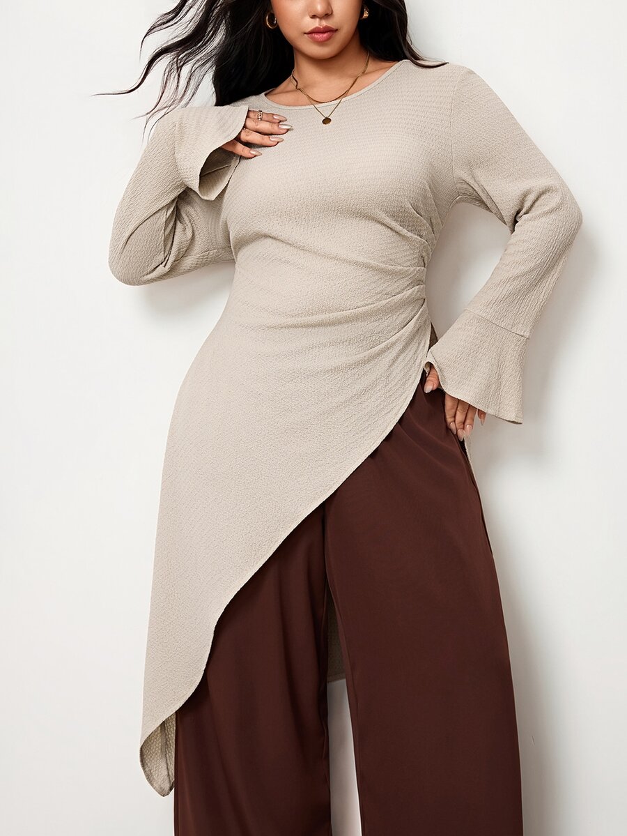 Truni Plus-Size Women's Elegant Loose-Fitting Flared Long-Sleeved ShirtPear Body,Triangle Body Fall - Apricot - View 1