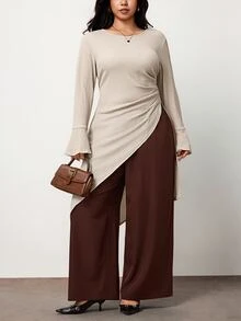 Truni Plus-Size Women's Elegant Loose-Fitting Flared Long-Sleeved ShirtPear Body,Triangle Body Fall - Apricot - View 3