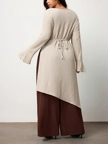 Truni Plus-Size Women's Elegant Loose-Fitting Flared Long-Sleeved ShirtPear Body,Triangle Body Fall - Apricot - View 2