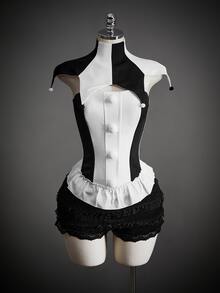 SHEIN ICON Setelan Atasan Kostum Badut Halloween Kontras Hitam & Putih 2 Potong - Hitam dan Putih - View 3