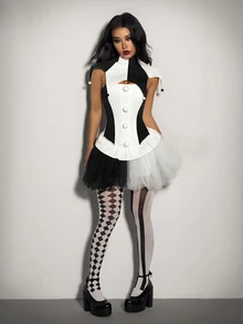 SHEIN ICON Setelan Atasan Kostum Badut Halloween Kontras Hitam & Putih 2 Potong - Hitam dan Putih - View 6