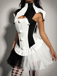 SHEIN ICON Setelan Atasan Kostum Badut Halloween Kontras Hitam & Putih 2 Potong - Hitam dan Putih - View 5