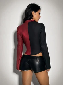 SHEIN ICON جاكيت هيب هوب شارع بألوان متباينة وإبزيم معدني - متعدد الألوان - مشاهدة 2