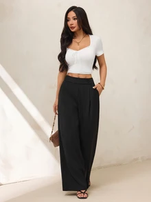 SHEIN PETITE 女款黑色直筒長褲，前腰分層扣飾設計，優雅教師風 - 黑色 - 查看 9