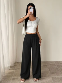SHEIN PETITE 女款黑色直筒長褲，前腰分層扣飾設計，優雅教師風 - 黑色 - 查看 10