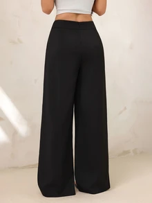 SHEIN PETITE 女款黑色直筒長褲，前腰分層扣飾設計，優雅教師風 - 黑色 - 查看 2
