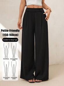 SHEIN PETITE 女款黑色直筒長褲，前腰分層扣飾設計，優雅教師風 - 黑色 - 查看 3