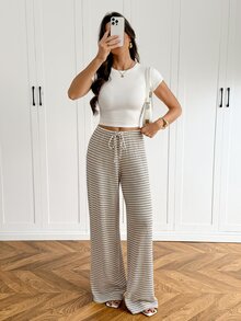 SHEIN Tall Women's Striped Casual Versatile Daily Wear Long Pants - Apricot - View 5