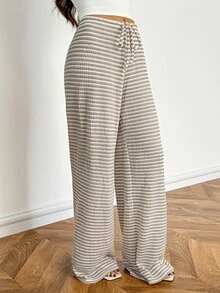 SHEIN Tall Women's Striped Casual Versatile Daily Wear Long Pants - Apricot - View 4
