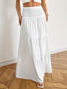 SHEIN Tall Women's Solid Color Waist Tie Long A-Line Skirt - White - View 4