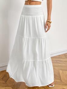 SHEIN Tall Women's Solid Color Waist Tie Long A-Line Skirt - White - View 8