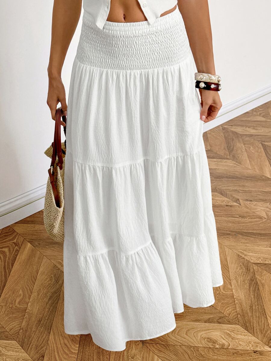 SHEIN Tall Women's Solid Color Waist Tie Long A-Line Skirt - White - View 1