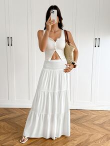 SHEIN Tall Women's Solid Color Waist Tie Long A-Line Skirt - White - View 7