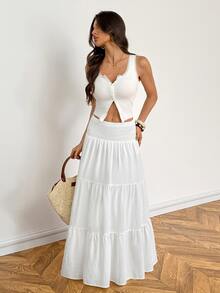 SHEIN Tall Women's Solid Color Waist Tie Long A-Line Skirt - White - View 6