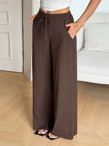 SHEIN Tall Celana Panjang Kasual Wanita Warna Polos dengan Tali Serut di Pinggang untuk Sehari-hari - Coffee Brown - View 8