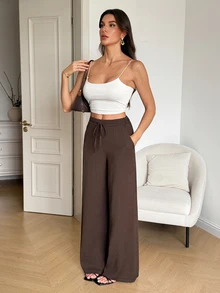 SHEIN Tall Celana Panjang Kasual Wanita Warna Polos dengan Tali Serut di Pinggang untuk Sehari-hari - Coffee Brown - View 7