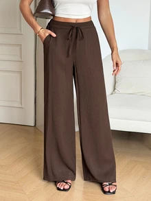 SHEIN Tall Celana Panjang Kasual Wanita Warna Polos dengan Tali Serut di Pinggang untuk Sehari-hari - Coffee Brown - View 4
