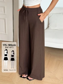 SHEIN Tall Celana Panjang Kasual Wanita Warna Polos dengan Tali Serut di Pinggang untuk Sehari-hari - Coffee Brown - View 6