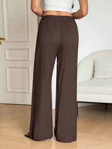 SHEIN Tall Celana Panjang Kasual Wanita Warna Polos dengan Tali Serut di Pinggang untuk Sehari-hari - Coffee Brown - View 2