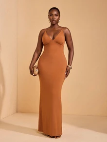 JIAN LASALA Plus Size Spaghetti Straps Tie Sleeveless Cutouts Women Holiday Casual Dress - Brown - View 6