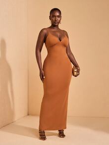 JIAN LASALA Plus Size Spaghetti Straps Tie Sleeveless Cutouts Women Holiday Casual Dress - Brown - View 2