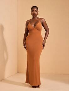 JIAN LASALA Plus Size Spaghetti Straps Tie Sleeveless Cutouts Women Holiday Casual Dress - Brown - View 4