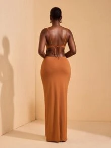 JIAN LASALA Plus Size Spaghetti Straps Tie Sleeveless Cutouts Women Holiday Casual Dress - Brown - View 1