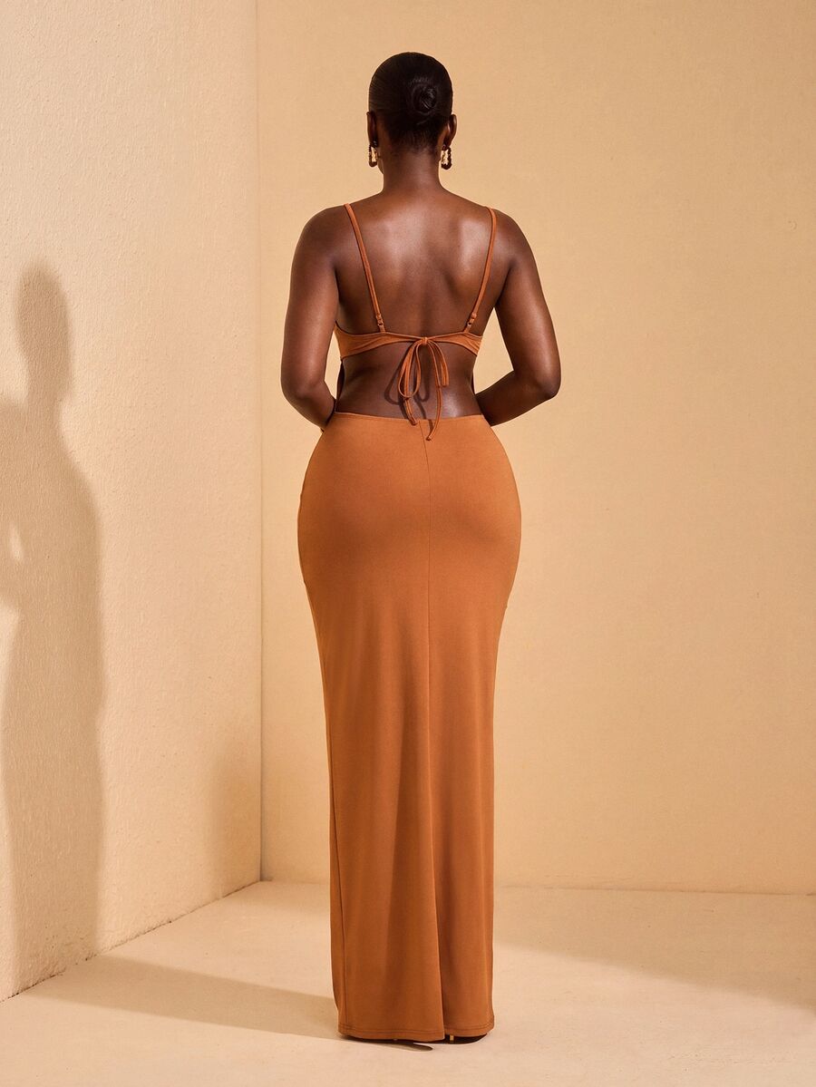 JIAN LASALA Plus Size Spaghetti Straps Tie Sleeveless Cutouts Women Holiday Casual Dress - Brown - View 1