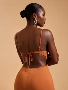 JIAN LASALA Plus Size Spaghetti Straps Tie Sleeveless Cutouts Women Holiday Casual Dress - Brown - View 3