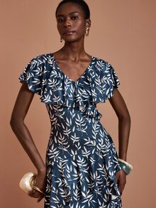 JIAN LASALA Knit Ruffle Overlapped V Neckline Multi Layers Short Sleeve Long Dress Elegant Party Vacation - Multicolor - View 5