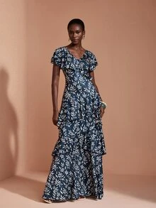 JIAN LASALA Knit Ruffle Overlapped V Neckline Multi Layers Short Sleeve Long Dress Elegant Party Vacation - Multicolor - View 3