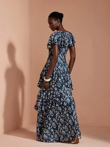 JIAN LASALA Knit Ruffle Overlapped V Neckline Multi Layers Short Sleeve Long Dress Elegant Party Vacation - Multicolor - View 2