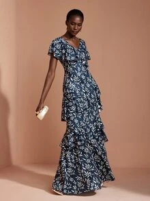 JIAN LASALA Knit Ruffle Overlapped V Neckline Multi Layers Short Sleeve Long Dress Elegant Party Vacation - Multicolor - View 4