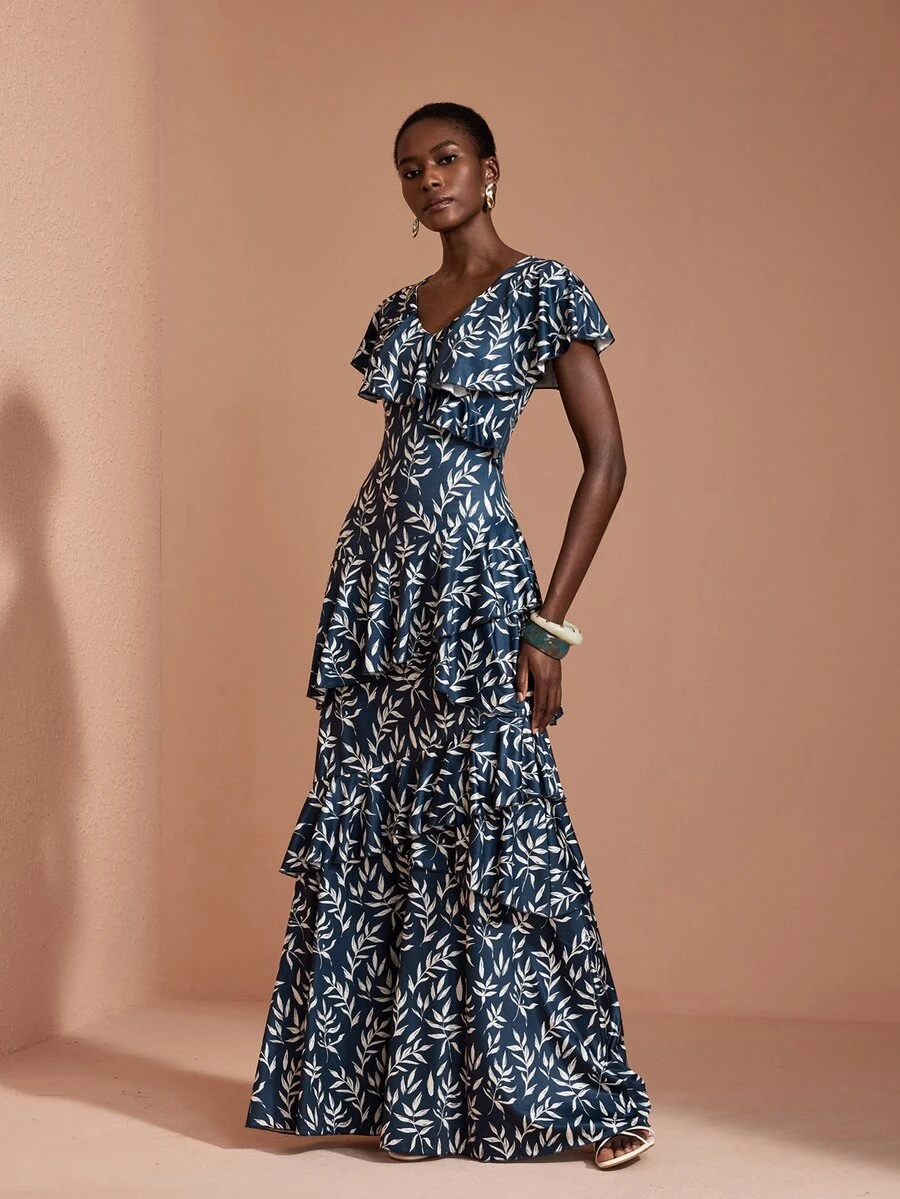 JIAN LASALA Knit Ruffle Overlapped V Neckline Multi Layers Short Sleeve Long Dress Elegant Party Vacation - Multicolor - View 1