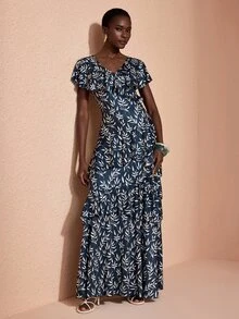 JIAN LASALA Knit Ruffle Overlapped V Neckline Multi Layers Short Sleeve Long Dress Elegant Party Vacation - Multicolor - View 6