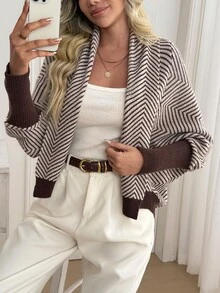 Selianne 女款秋季新品單件翻領經典條紋設計優雅洗練寬鬆修身百搭日常通勤針織開襟上衣 - 彩色 - 查看 6