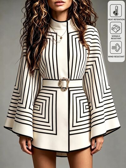 Yalmera Women's Off White Stand Collar Cape Style Wool Blend Coat, Black Geometric Line Print, Flare Long Sleeve, Belted Waist With Metal Buckle, Elegant Oute