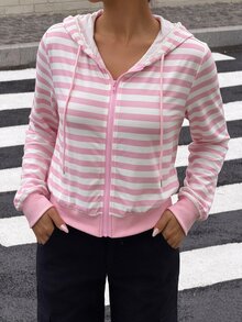 valorelle valorelle Jaket Lengan Panjang Kasual Serbaguna Wanita Motif Garis-garis dengan Tudung dan Resleting untuk Penggunaan Sehari-hari - Berwarna merah muda - View 5