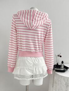 valorelle valorelle Jaket Lengan Panjang Kasual Serbaguna Wanita Motif Garis-garis dengan Tudung dan Resleting untuk Penggunaan Sehari-hari - Berwarna merah muda - View 6