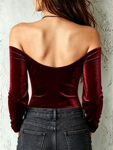 EMERY ROSE Women's Faux Pearl Decor Cold Shoulder Long Sleeve Fashion Elegant Sexy Bodysuit Night Out Burgundy Autumn Night Out - Red - View 2